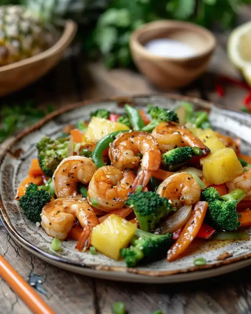 Delicious Pineapple Shrimp Stir Fry with colorful vegetables in a bowl