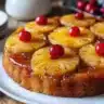 Delicious Pineapple Upside-Down Cake topped with caramelized pineapples and cherries.