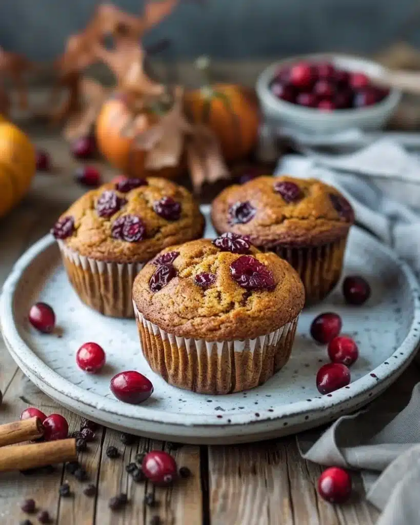 Pumpkin muffins with dried cranberries on a rustic wooden table