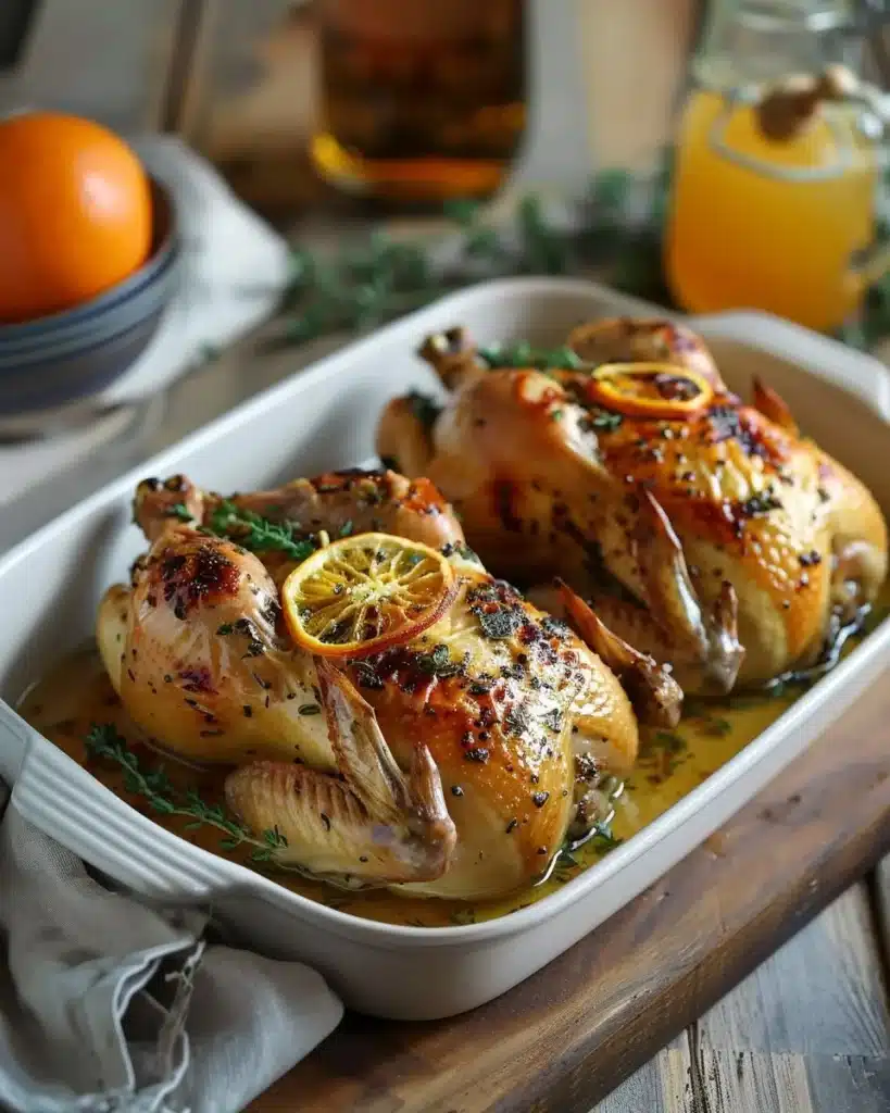 Roasted Cornish game hens with citrus-garlic sauce on a platter