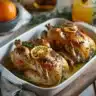 Roasted Cornish game hens with citrus-garlic sauce on a platter
