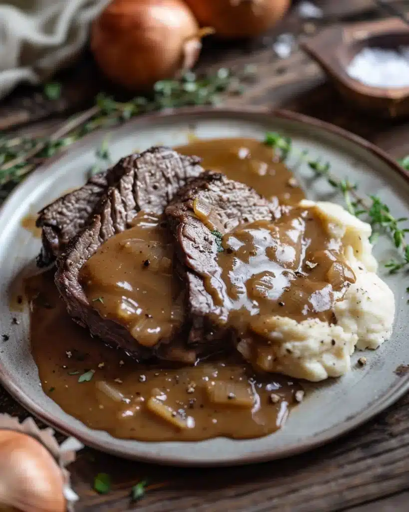 Delicious round steak served with rich gravy on a plate