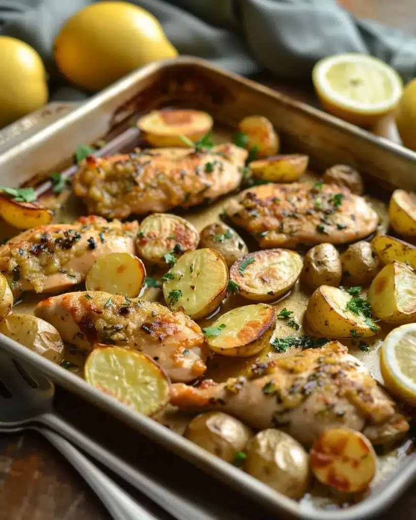 Sheet Pan Chicken Piccata served with golden potatoes