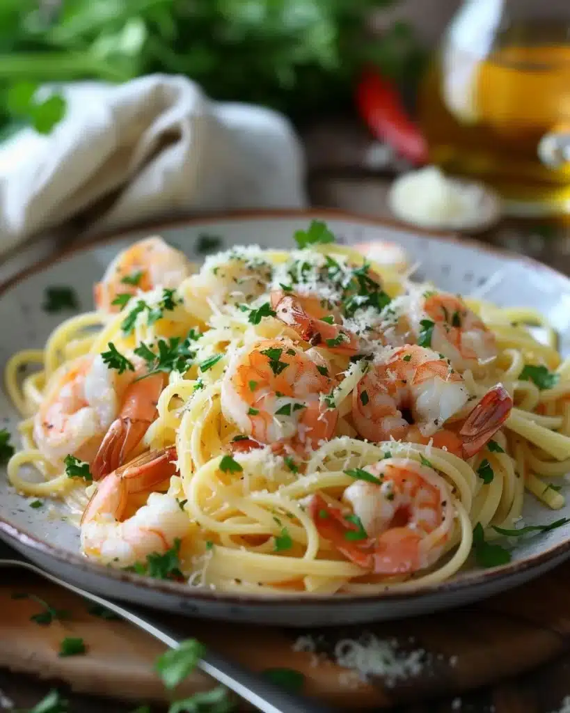 Plate of shrimp pasta garnished with parsley and lemon