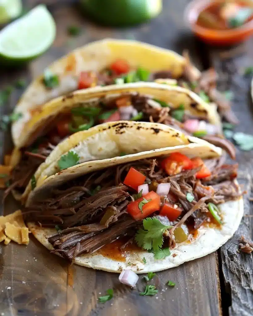 Delicious slow cooker brisket tacos served with fresh toppings