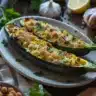 Delicious stuffed zucchini with colorful fillings, served on a plate.