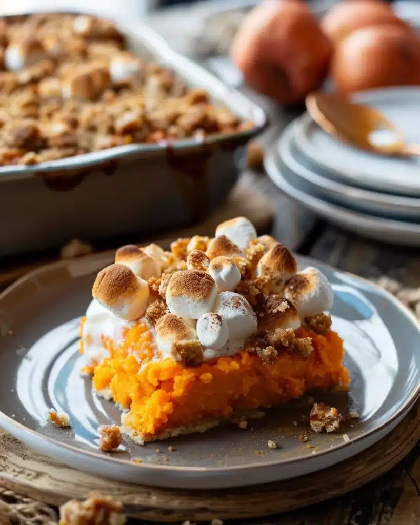 Delicious sweet potato casserole topped with marshmallows and pecans.