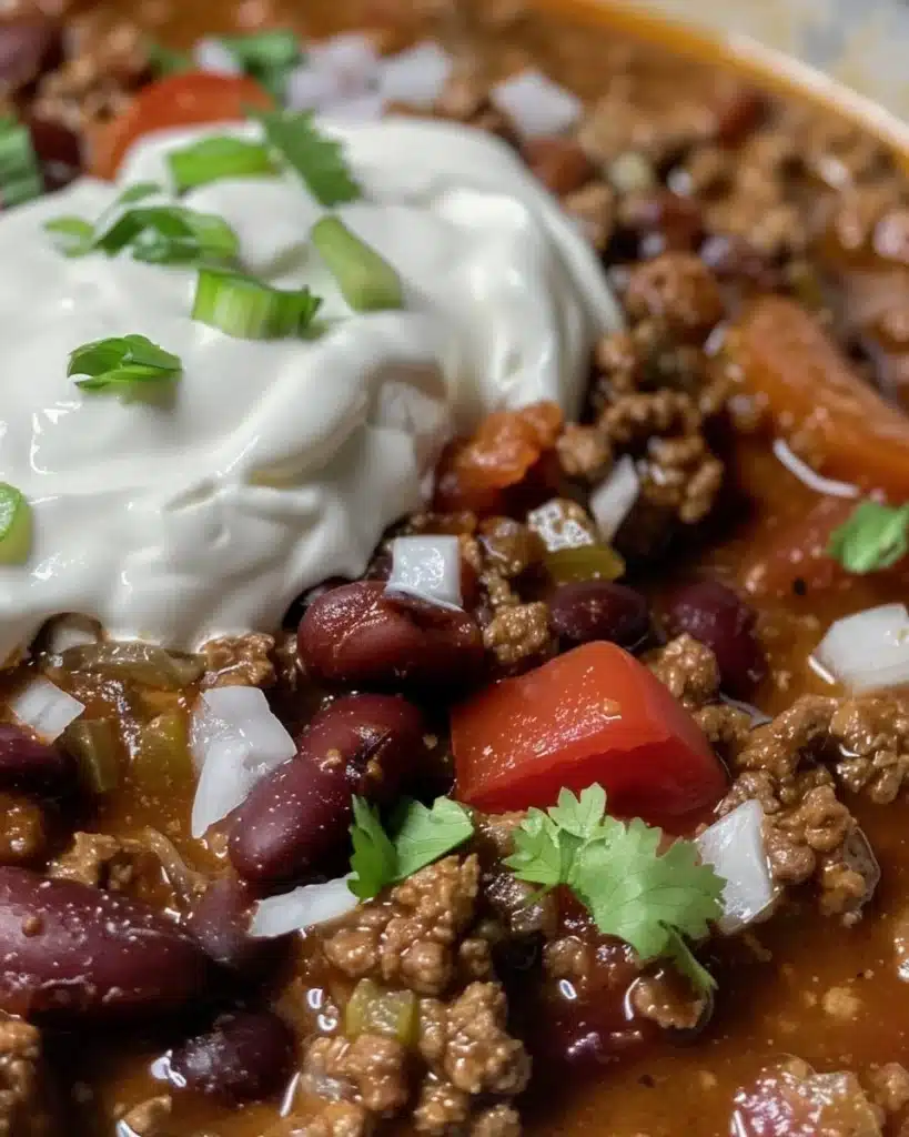 Bowl of 5-Ingredient Beef Chili garnished with fresh herbs