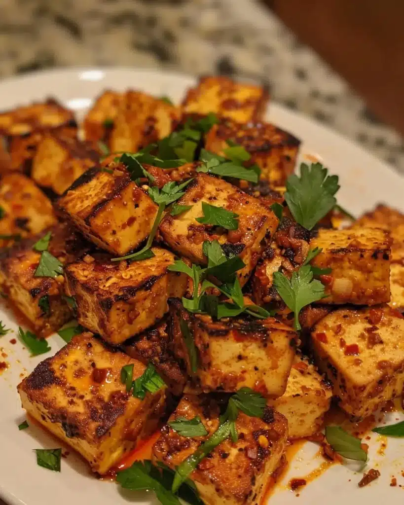 Delicious baked tofu dish with vibrant vegetables and spices