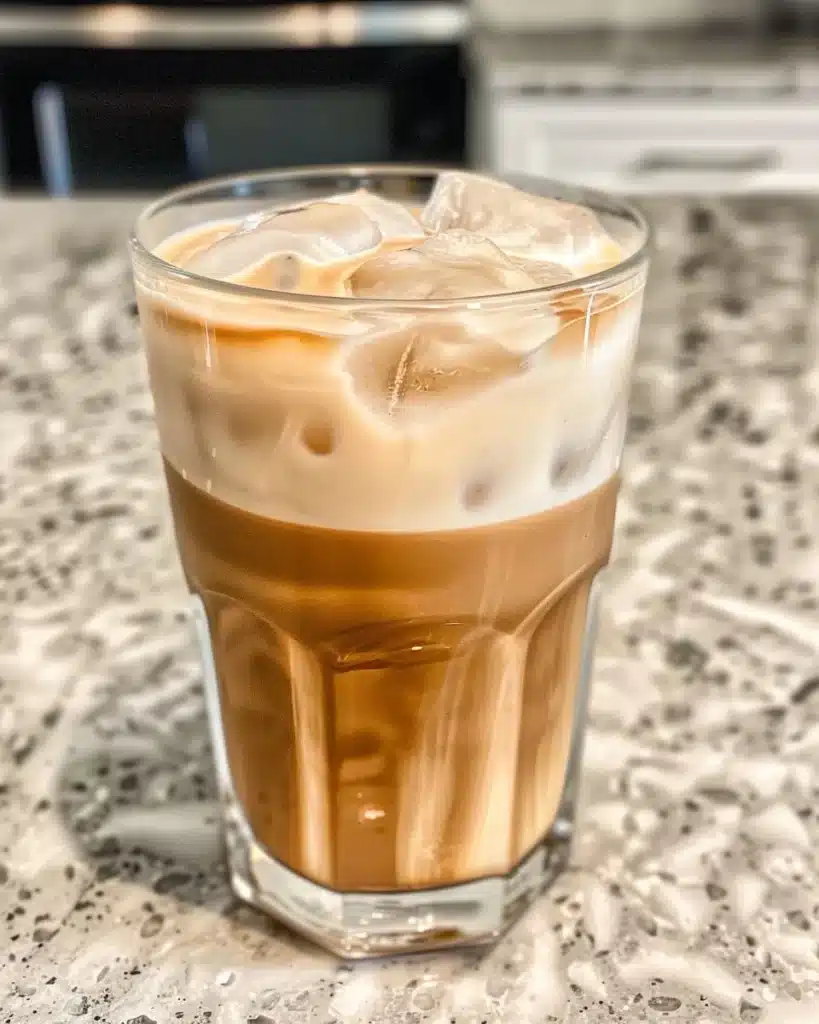 A delicious glass of banana milk cold brew topped with frothy foam.