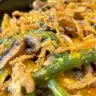 Delicious green bean casserole topped with crispy fried onions