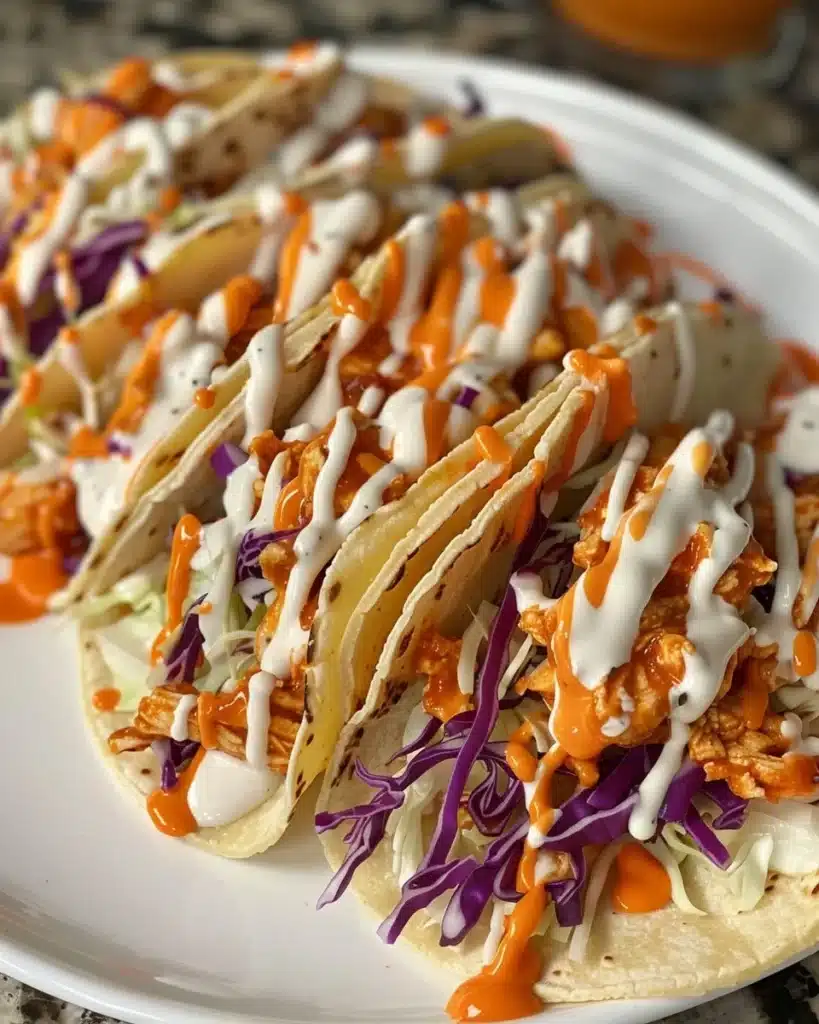 Buffalo Chicken Smashed Tacos with toppings and sauces