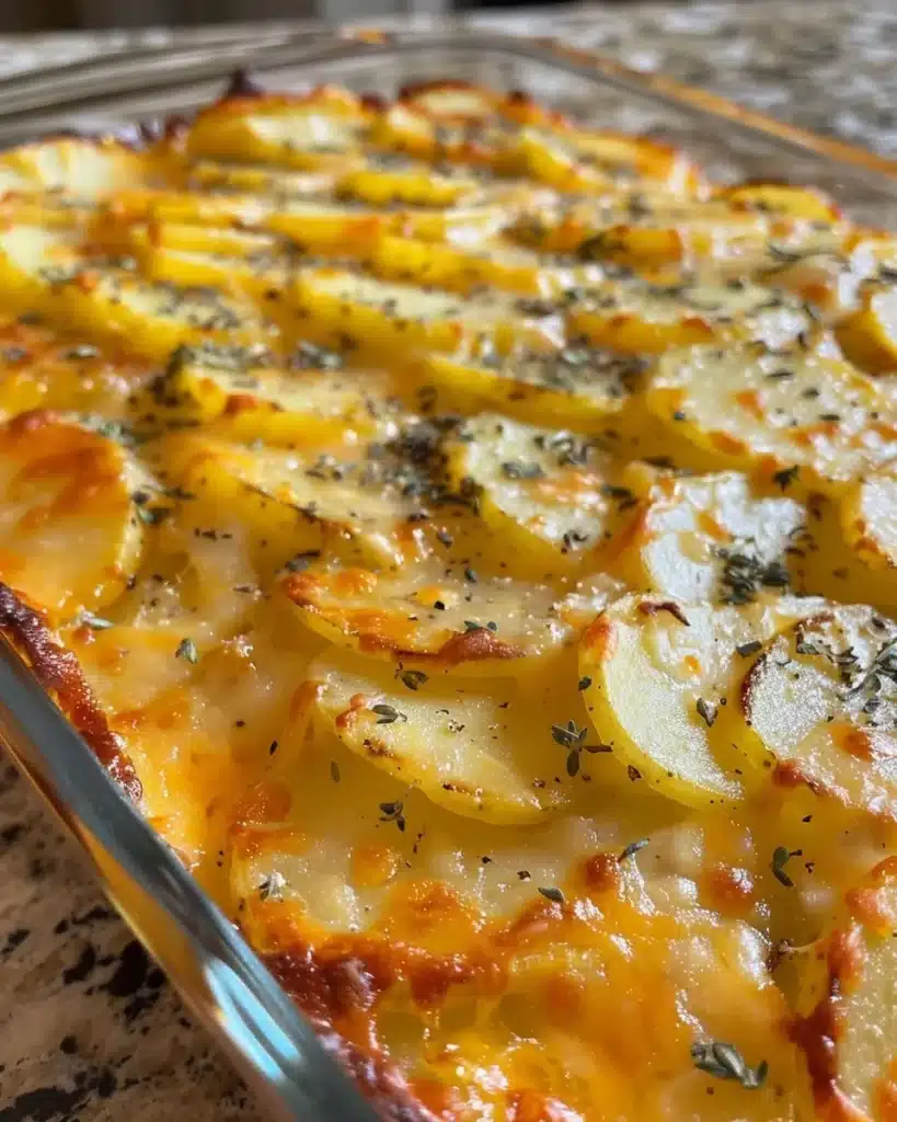 Deliciously baked cheesy scalloped potatoes layered with cheese and creamy goodness