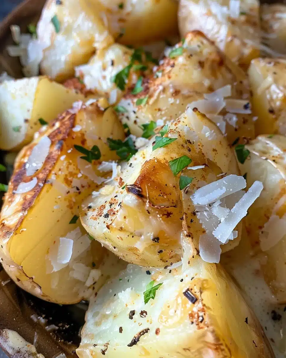 Cheesy vegetable gratin served in a baking dish, topped with golden cheese.