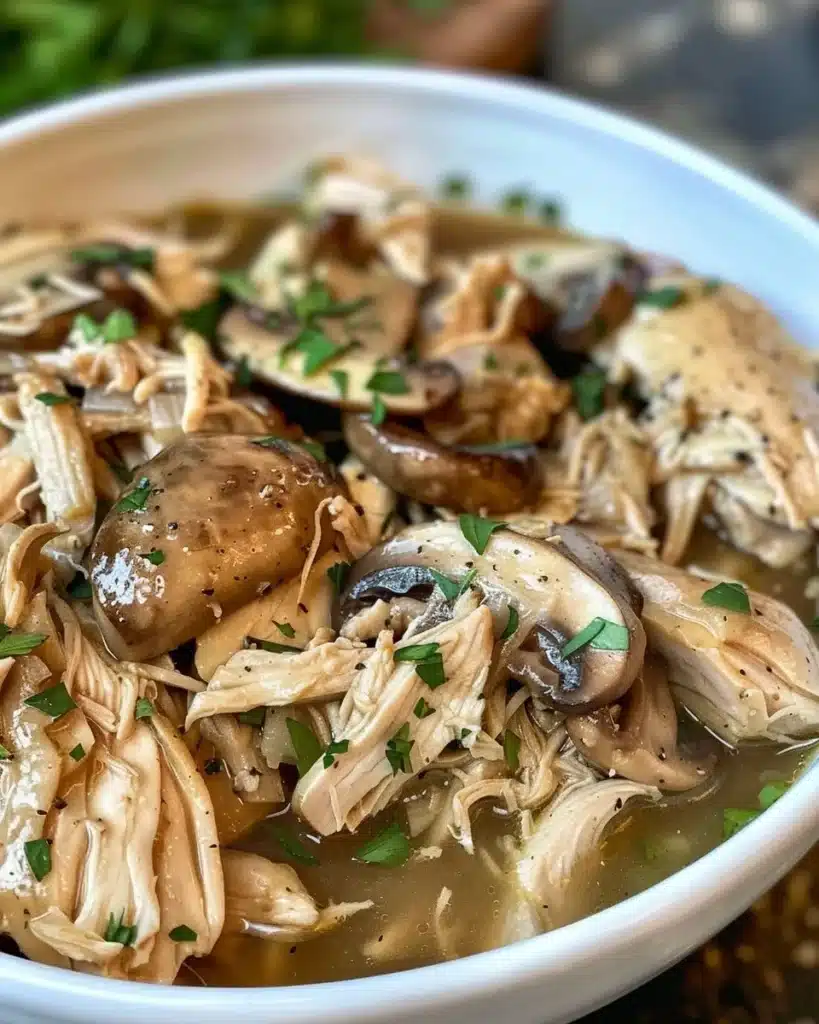 Bowl of creamy Chicken Mushroom Soup with fresh herbs and mushrooms