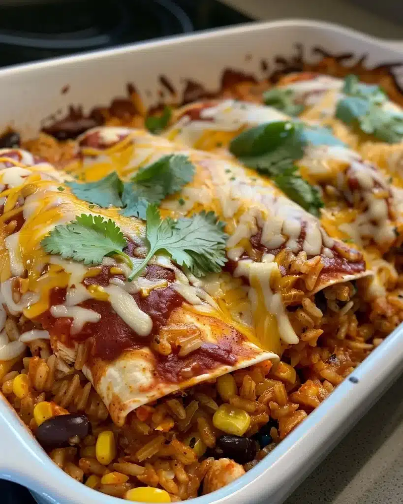 A delicious chicken enchilada skillet topped with cheese and fresh herbs