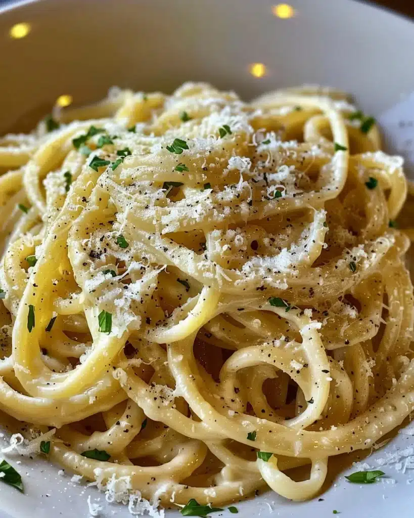 A plate of creamy garlic parmesan pasta topped with fresh parsley and grated cheese.