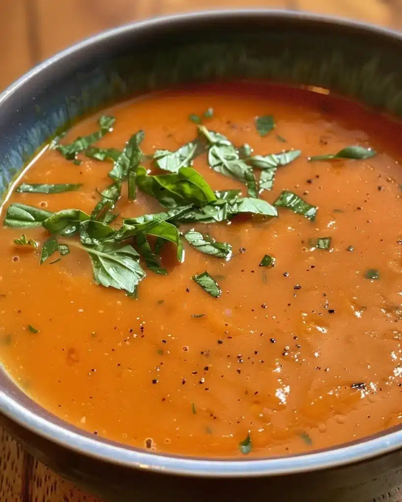 Bowl of easy homemade tomato soup garnished with fresh basil