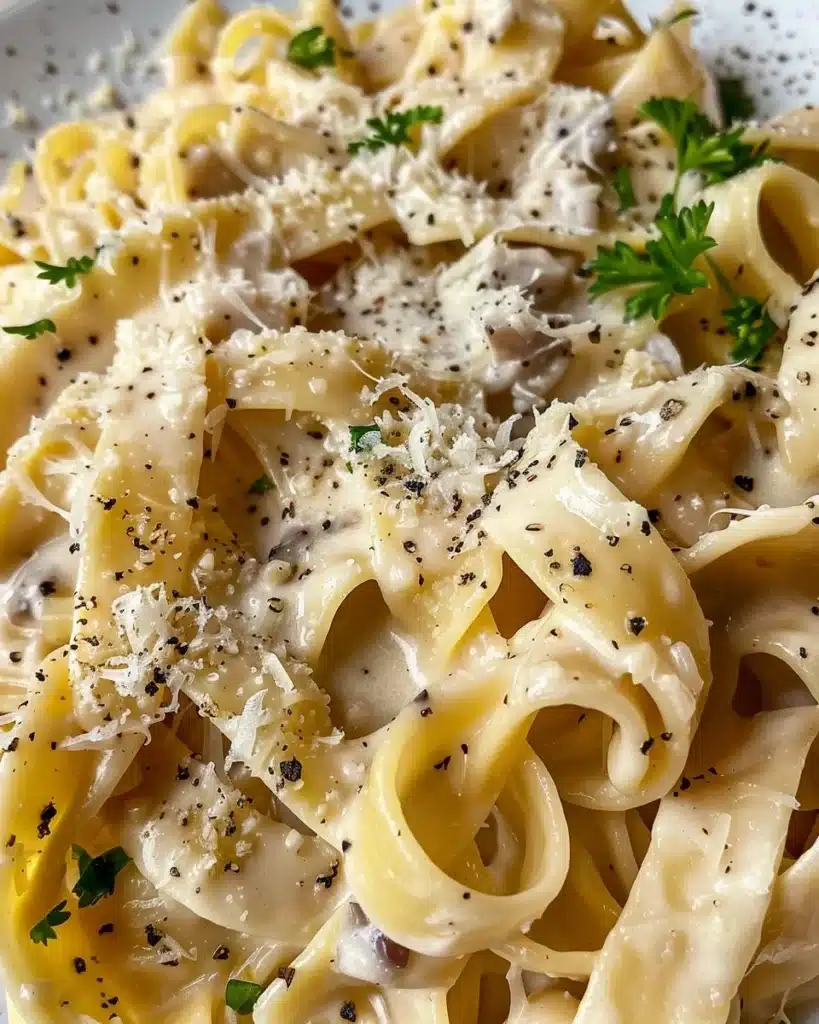 Delicious plate of French Onion Pasta garnished with herbs and cheese.