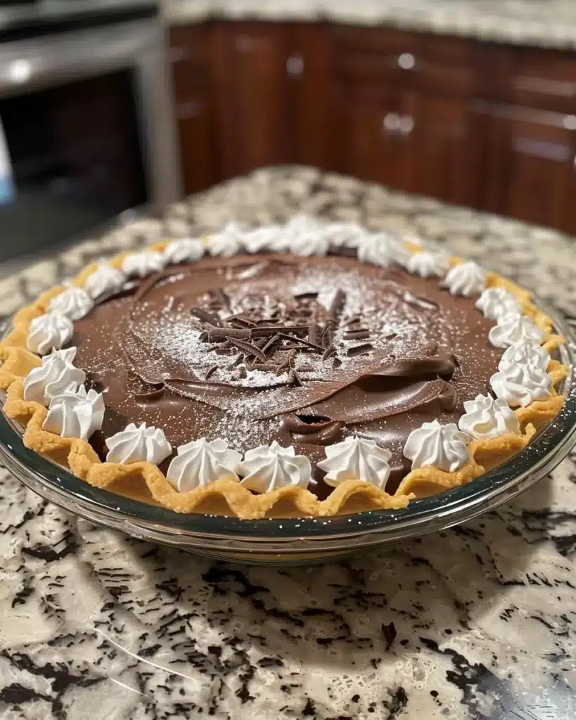 Delicious homemade French Silk Pie with chocolate filling and whipped cream topping.