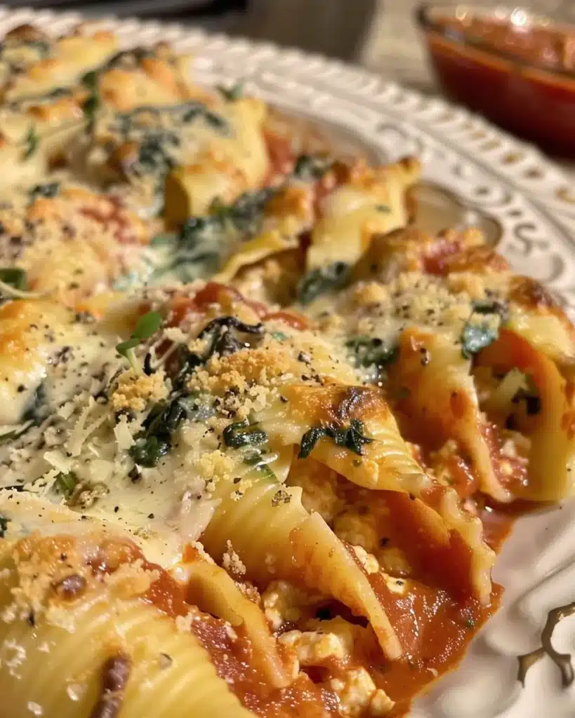 Delicious Garlic Chicken Stuffed Shells elegantly served in a white dish.