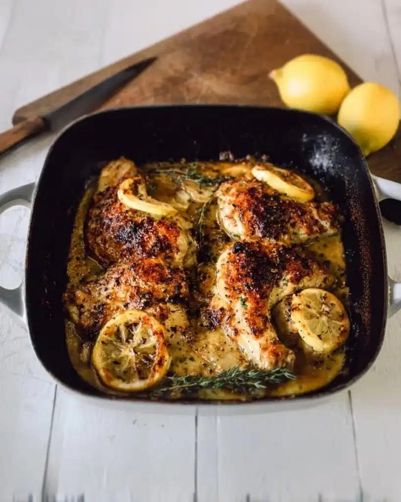 A vibrant plate of Giada's 4-Ingredient Lemon Chicken garnished with fresh herbs.