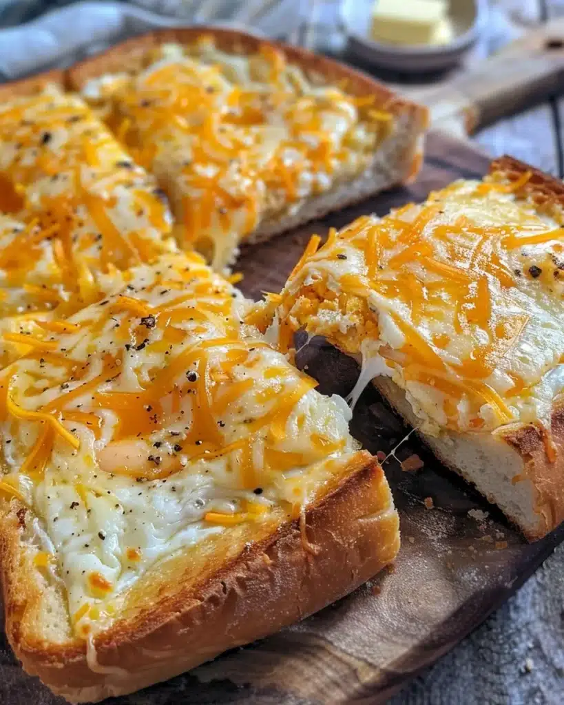 Delicious grilled cheese casserole topped with melted cheese and crispy bread.