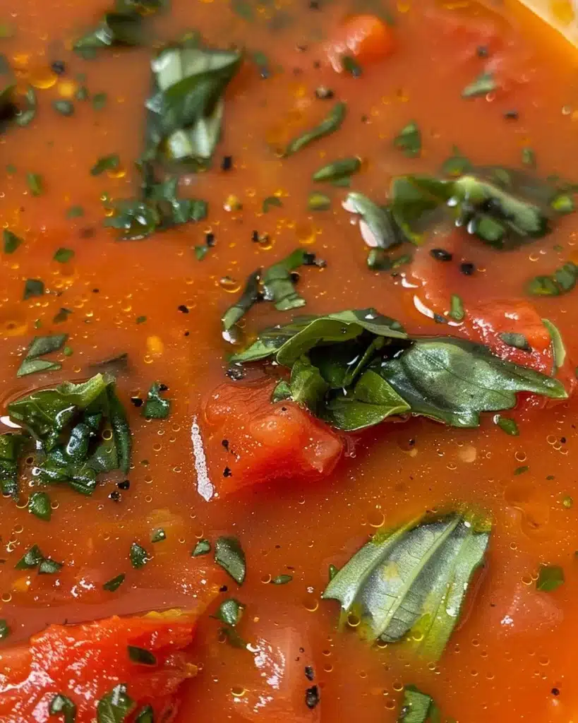 Bowl of homemade tomato soup garnished with fresh herbs