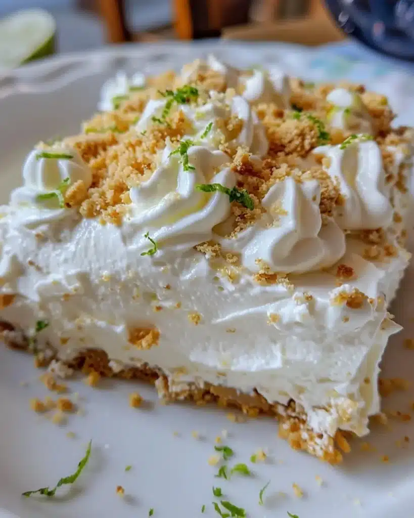 Delicious key lime pie bars topped with whipped cream and lime zest.