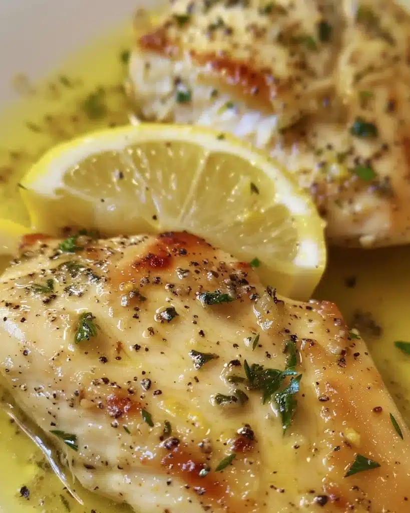 Lemon Garlic Butter Chicken served with creamy parmesan pasta in a bowl.