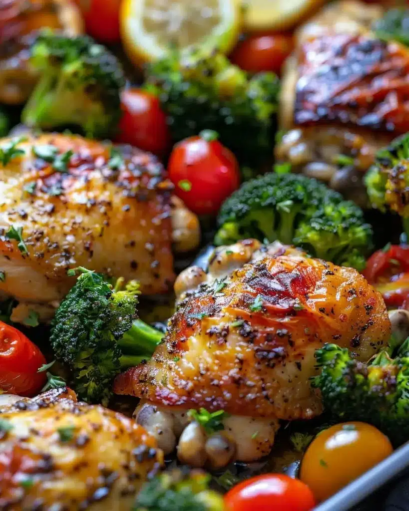 Lemon Garlic Chicken served with colorful veggies on a plate.