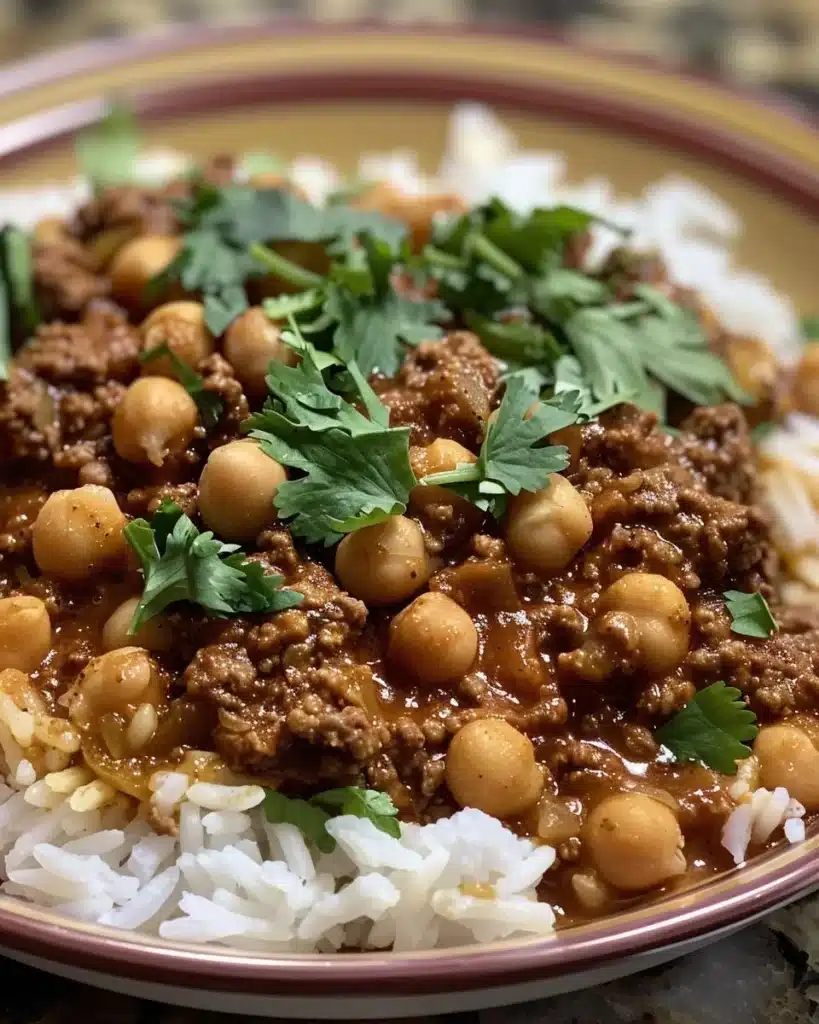 Middle Eastern spiced beef and chickpeas skillet in a pan.