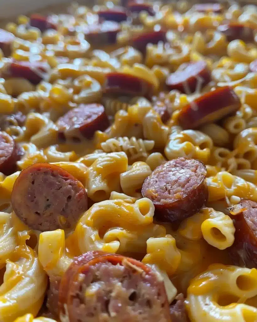 One-Pot Smoky Cheddar Sausage Pasta in a bowl with herbs