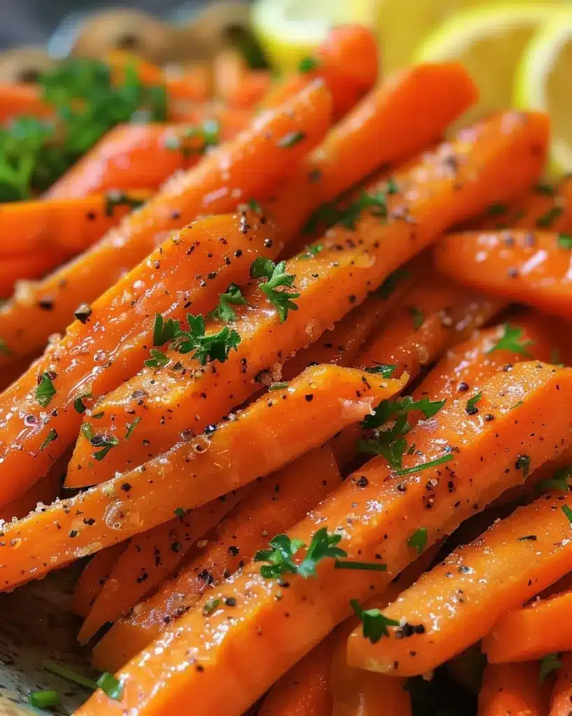Pan-fried carrots glazed in lemon served on a plate