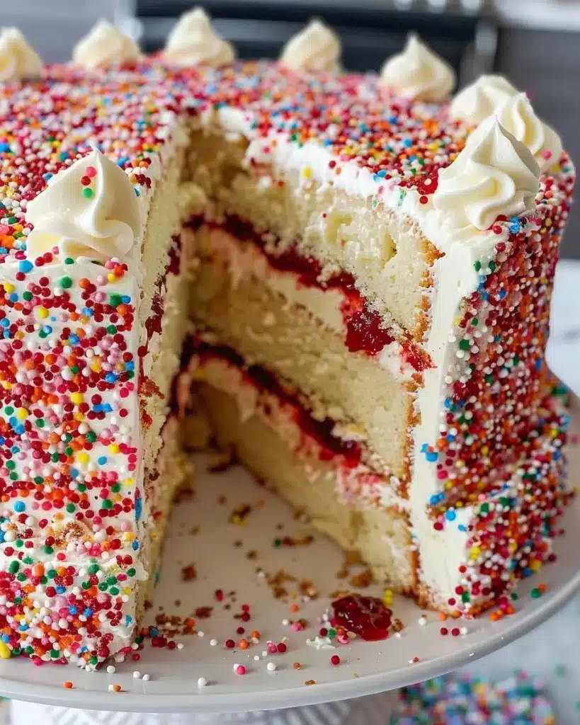Peanut Butter and Jelly Poke Cake with frosting and topping