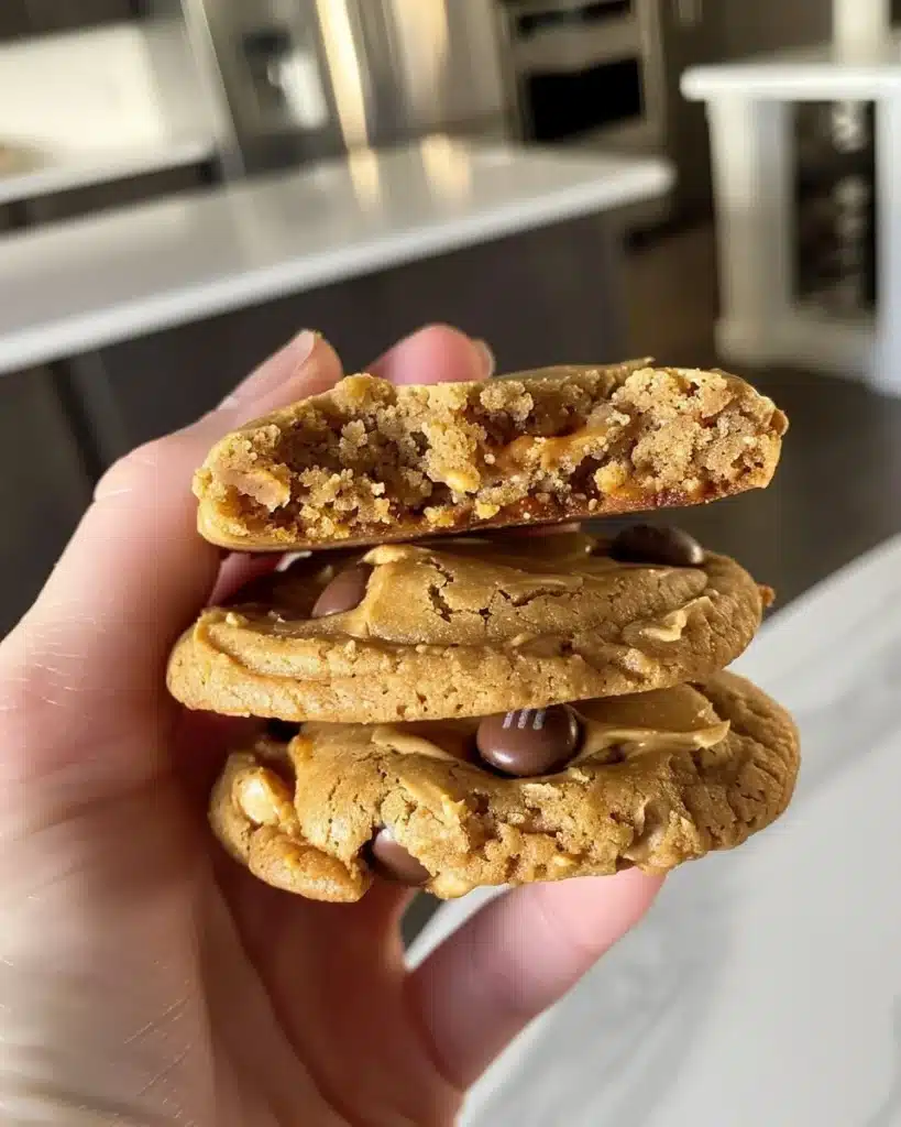 Freshly baked Peanut Butter M&M Cookies with colorful candies