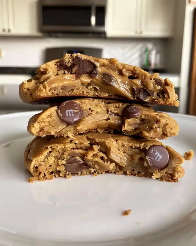 Freshly baked Peanut Butter M&M Cookies arranged on a plate.