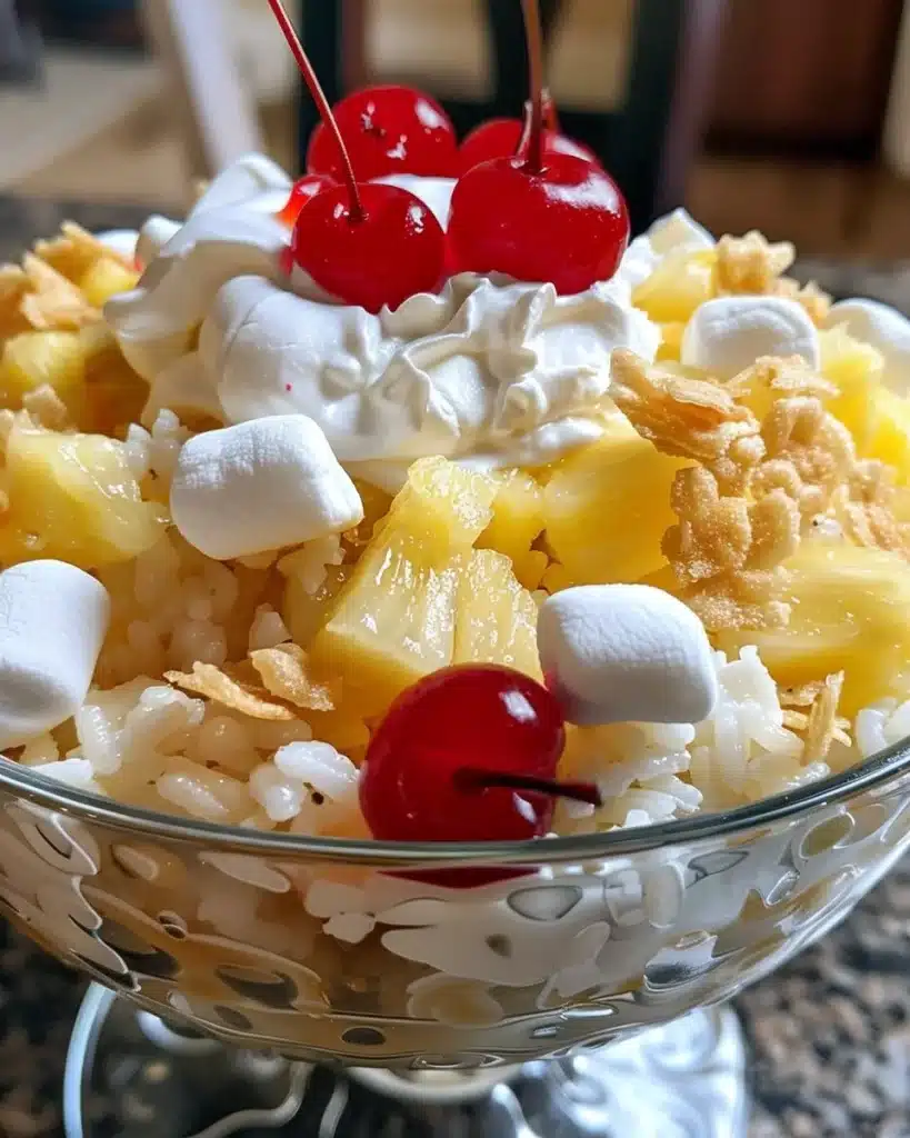 Delicious pineapple rice dessert garnished with tropical fruits.