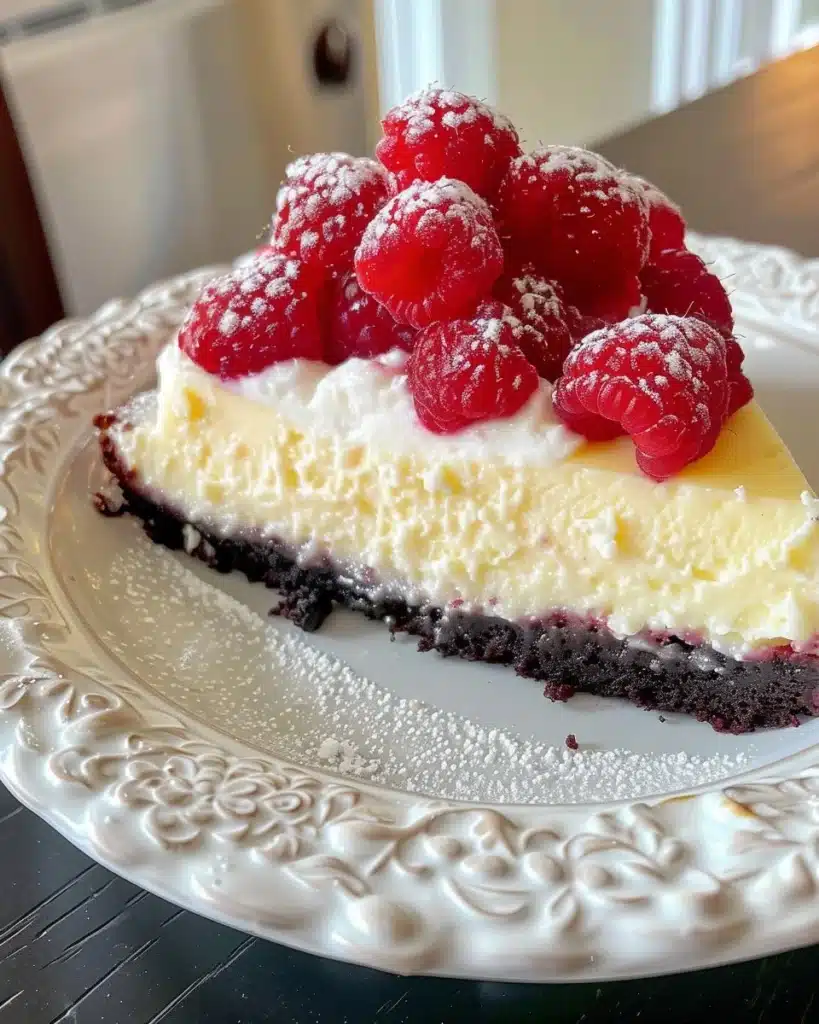 Raspberry Cheesecake Brownies with creamy swirls and fresh raspberries on top.