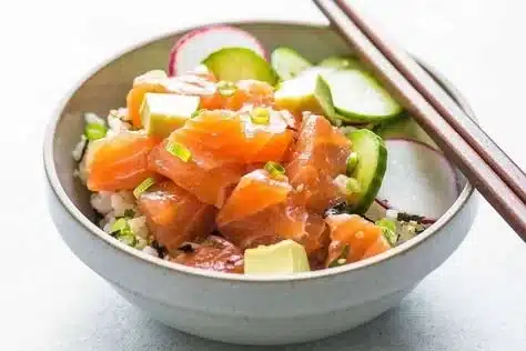 Salmon Avocado Poke Bowl with fresh ingredients and vibrant colors