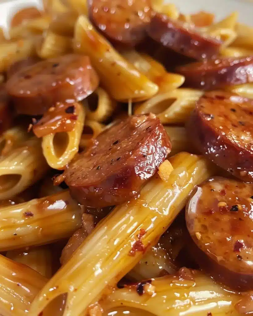 Smoky Honey Garlic Sausage Penne dish garnished with herbs