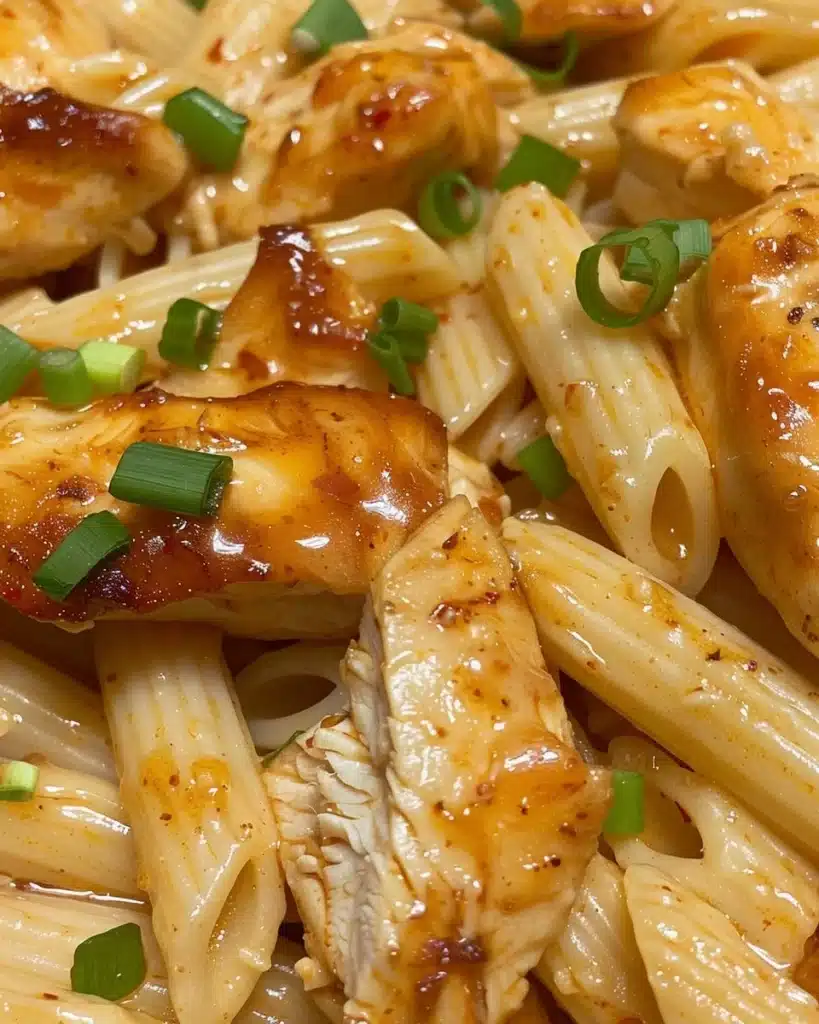 Delicious sticky honey garlic chicken penne in a creamy sauce garnished with herbs