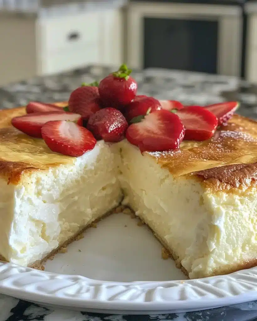 Delicious slice of Three Milks Cake topped with whipped cream and fresh fruit.
