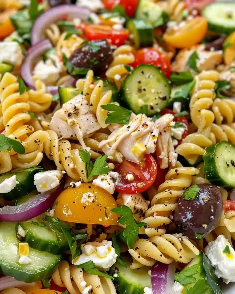 Delicious Greek Chicken Pasta Salad with fresh vegetables and feta cheese