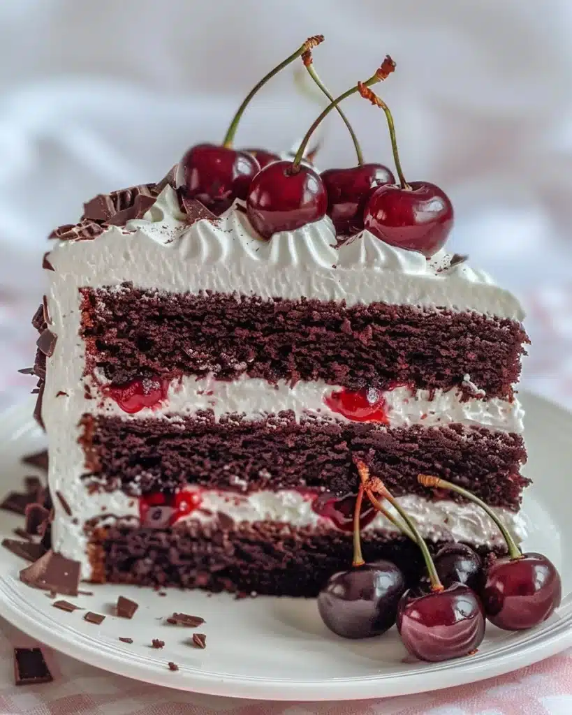 A delicious slice of Black Forest Cake topped with cherries and whipped cream.