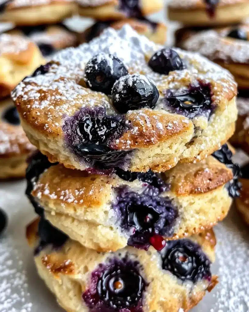 Plate of soft and chewy blueberry crinkle cookies with powdered sugar
