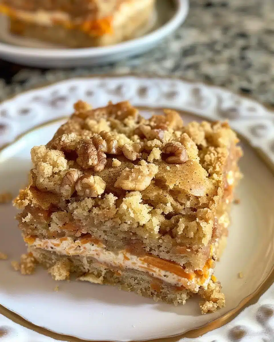Slice of Carrot Cake Coffee Cake topped with cream cheese frosting