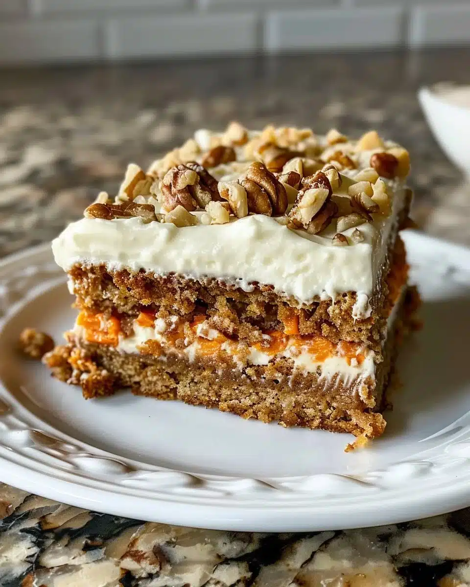 Slice of cream cheese carrot coffee cake with frosting on a white plate