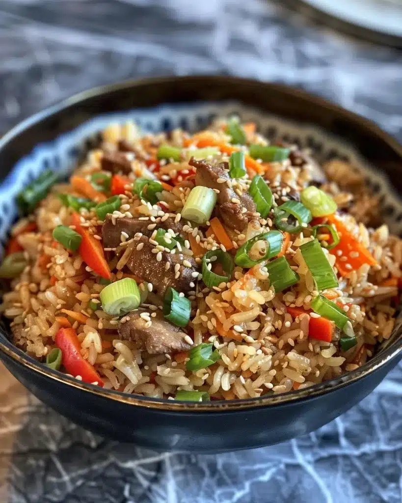 Crispy gochujang rice salad with colorful vegetables and toppings