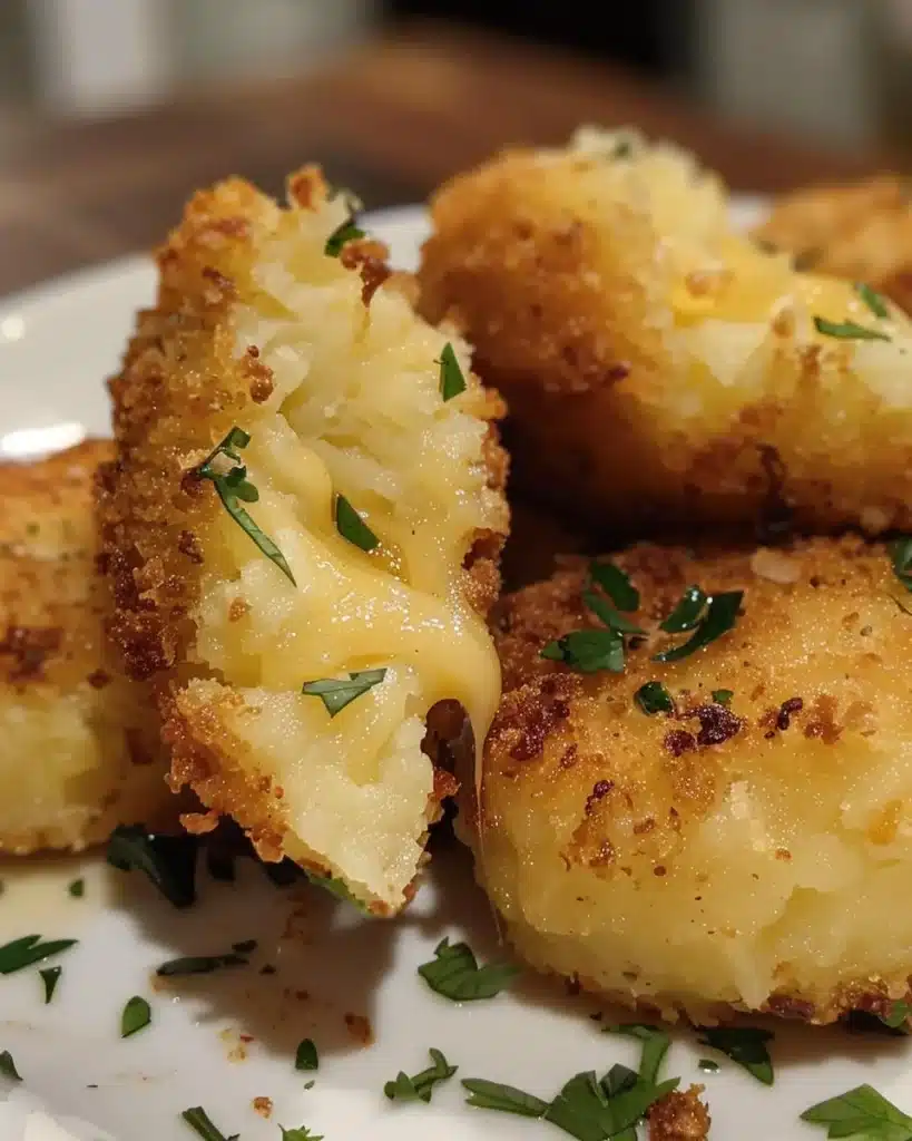 Golden fried mashed potato balls served on a white plate